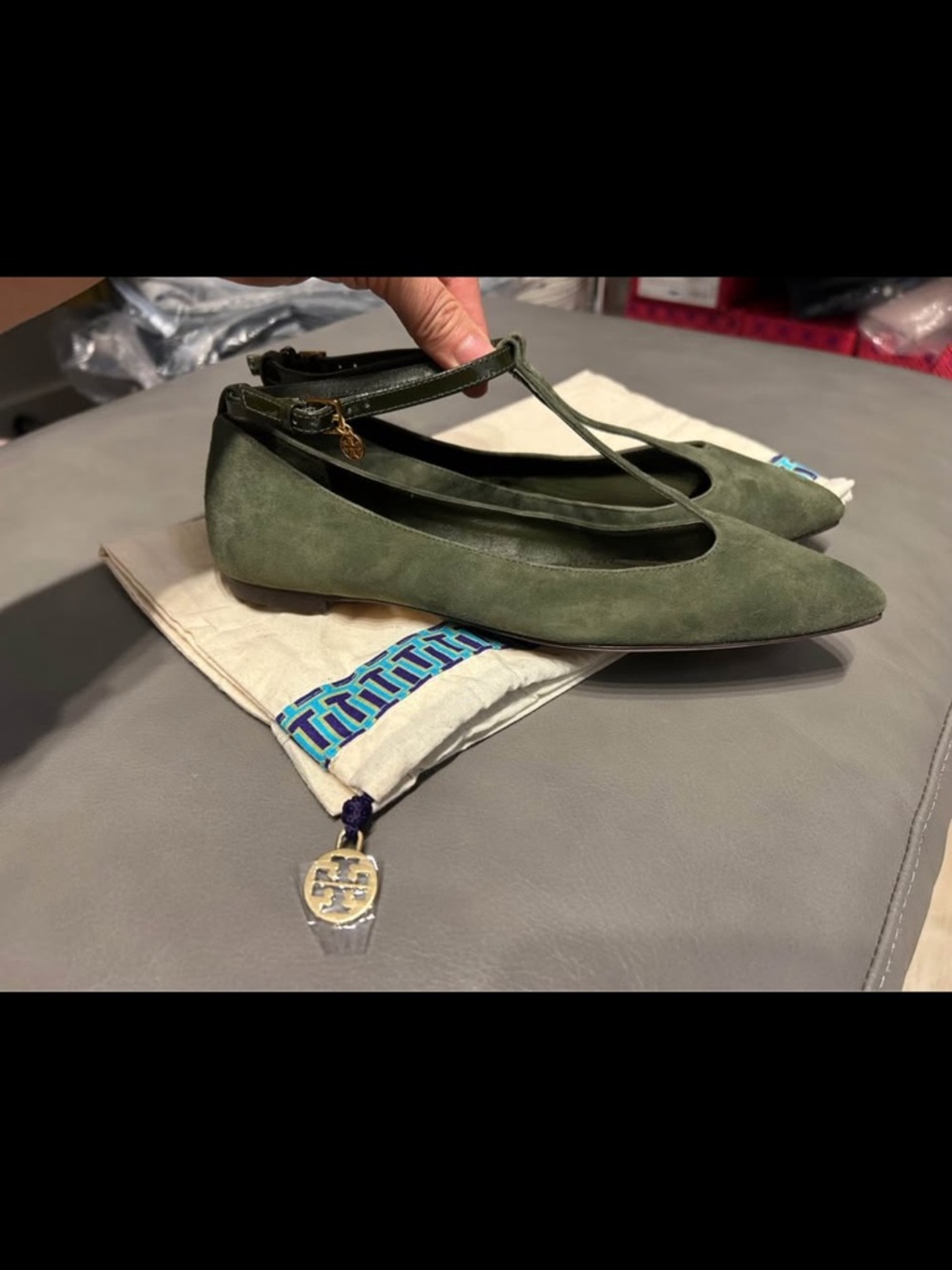 Tory Burch Olive Suede T-Strap Ballet Flat - Picture 2 of 8